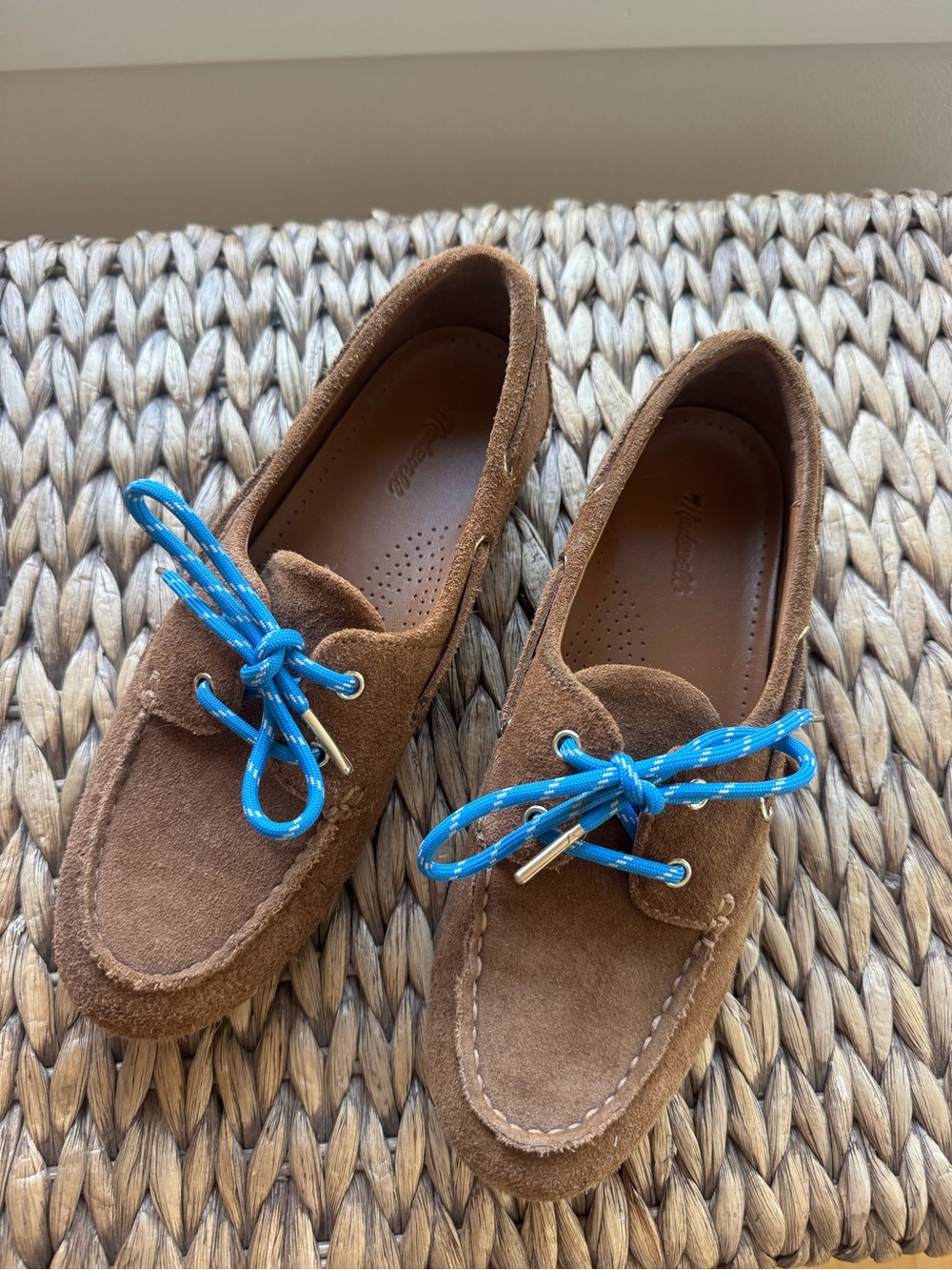 Madewell Brown Suede Loafers with Bright Blue Laces